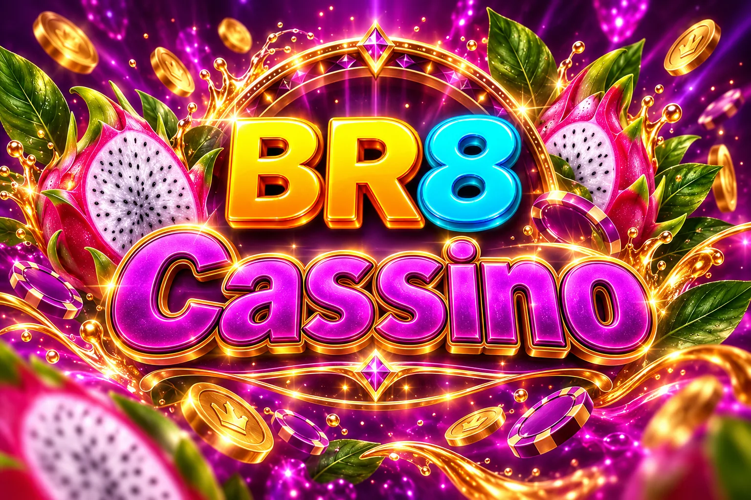 Banner do BR8 Cassino com vordmark magenta, pitaya dourada e o bônus de 100% até R$ 1.000
